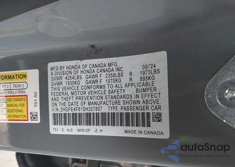 2025 Honda Civic Hybrid Sport/Sport Touring from USA, damaged, VIN 2HGFE4F81SH307807